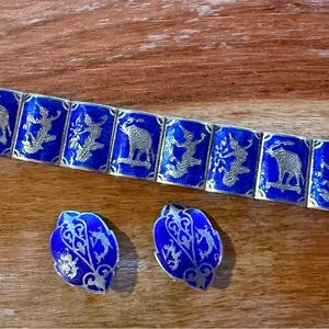 Siam Blue Enamel Sterling Silver Bracelet and Earrings Set